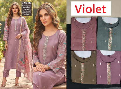 Dn 144-147 Violet Roman Readymade Pant Style Suits Exporter Ahmedabad