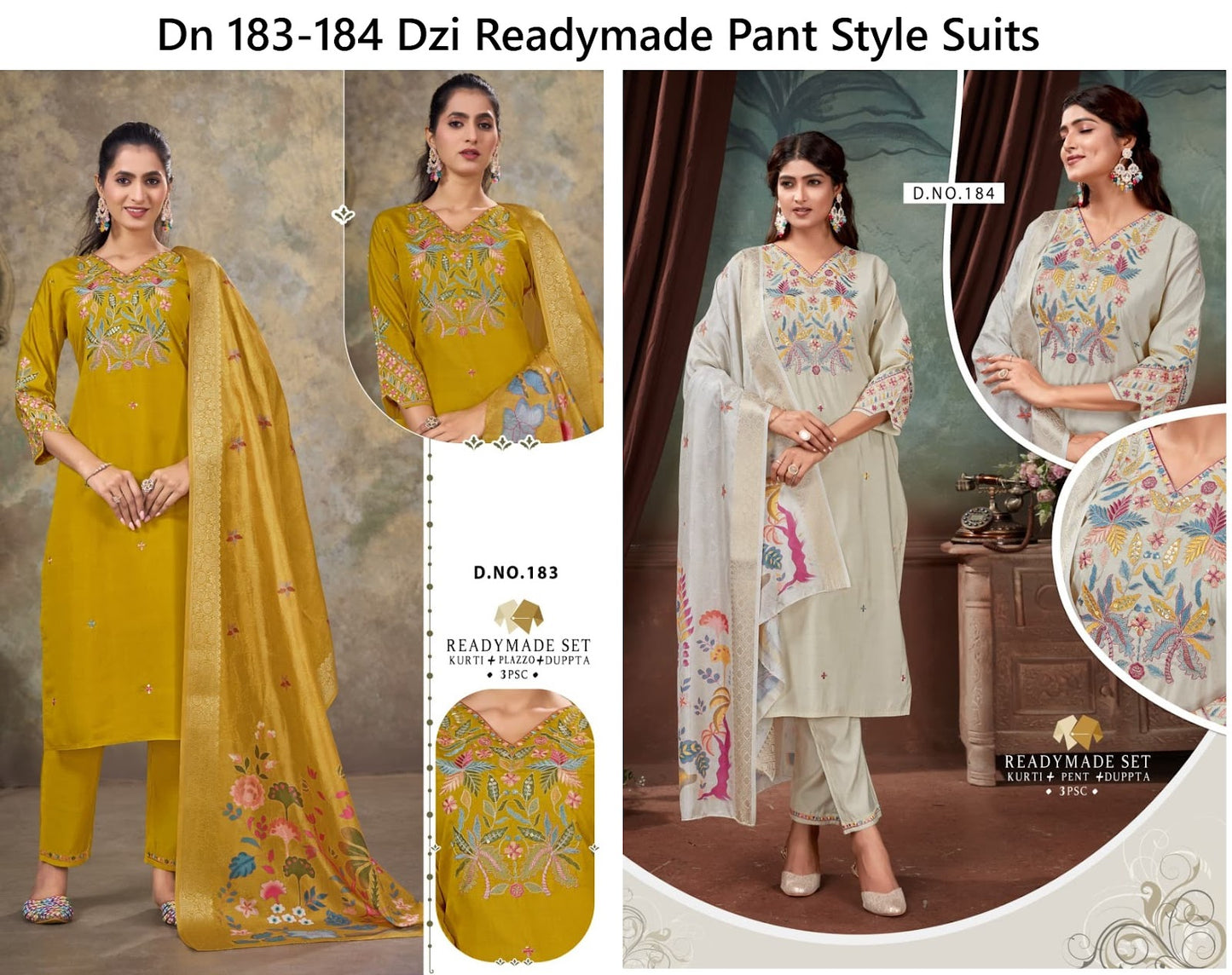 Dn 183-184 Dzi Roman Silk Readymade Pant Style Suits Wholesale Price