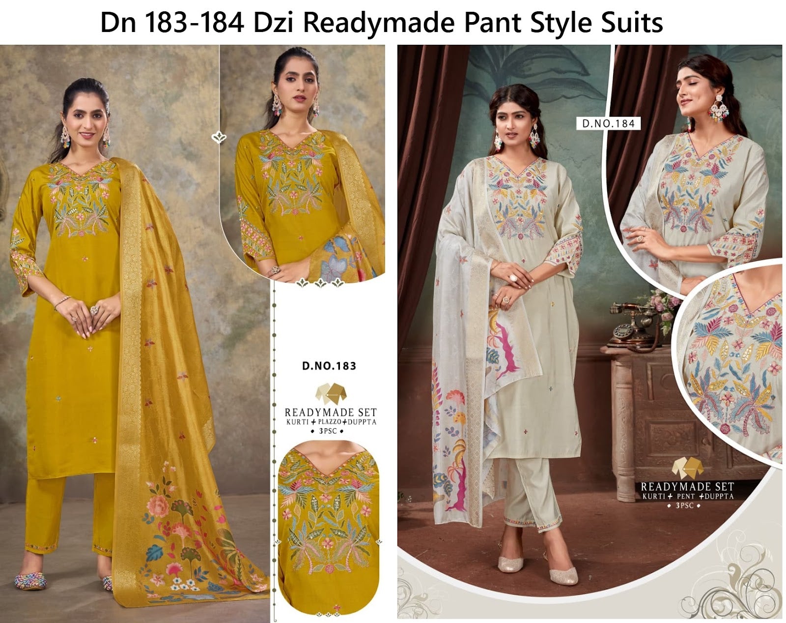 Dn 183-184 Dzi Roman Silk Readymade Pant Style Suits Wholesale Price