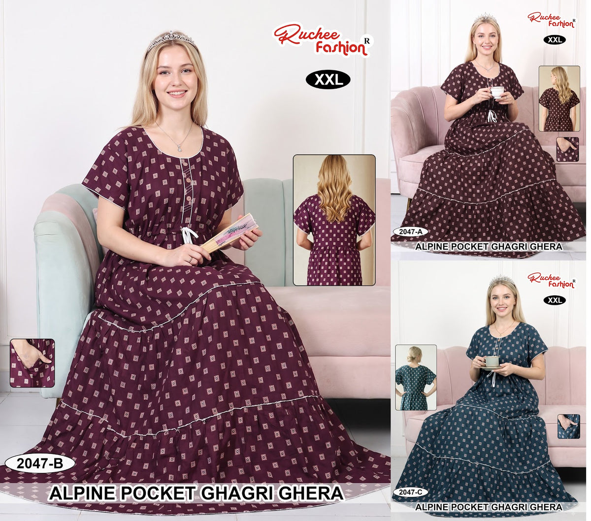 Dn 2041-2052 Alpine Ruchee Fashion Night Gowns Exporter