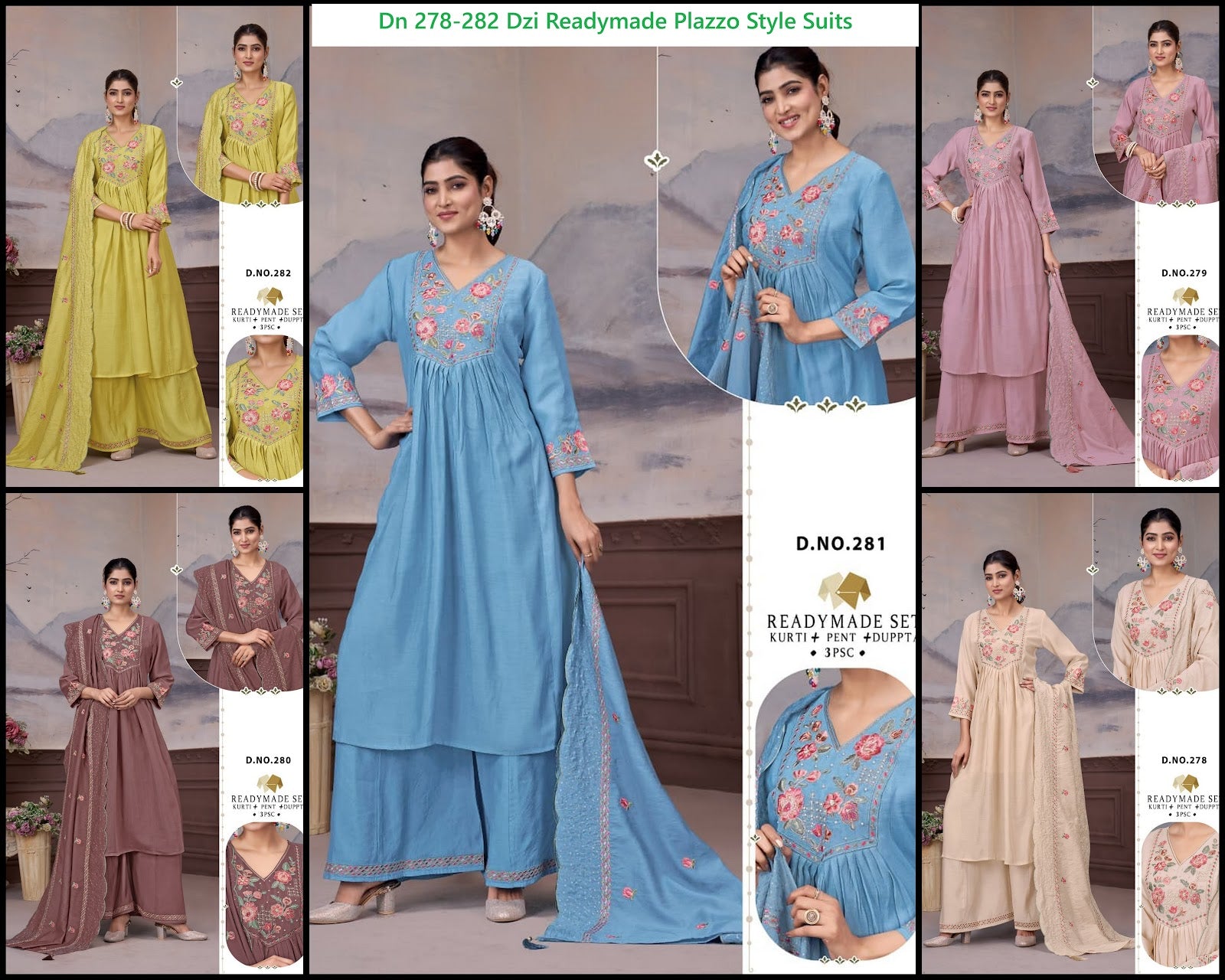 Dn 278-282 Dzi Chanderi Readymade Plazzo Style Suits Manufacturer Gujarat