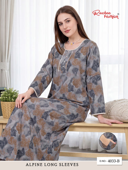Dn 4032-4033 Long Sleeves Ruchee Fashion Alpine Night Gowns Supplier