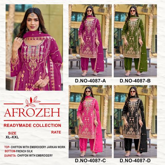 Dn 4087 Abcd Afrozeh Chiffon Pakistani Readymade Suits Supplier India