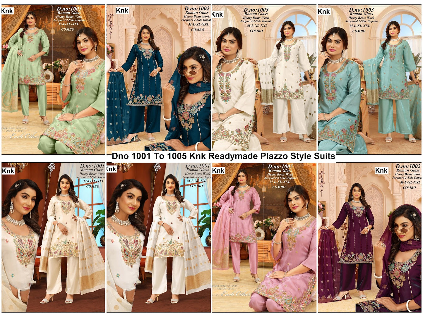 Dno 1001 To 1005 Knk Roman Glass Readymade Plazzo Style Suits Supplier Ahmedabad