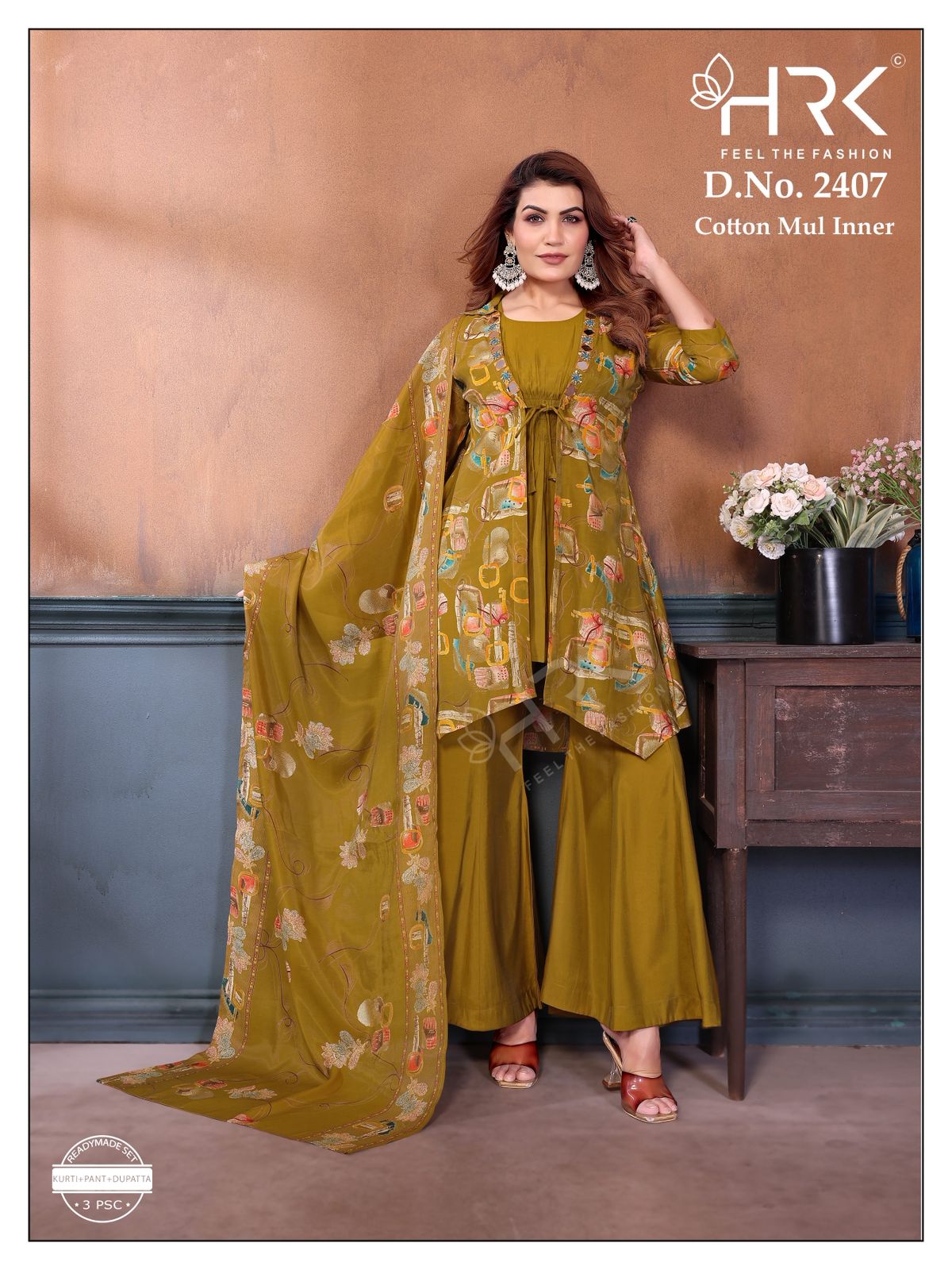 Dno 2407 Shrug Pattern Hrk Chanderi Readymade Plazzo Style Suits Wholesaler
