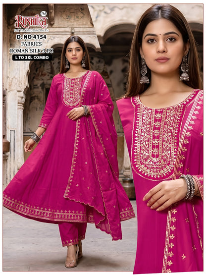 Dno 4153 To 4160 Rushika Roman Silk Readymade Anarkali Suits Wholesaler