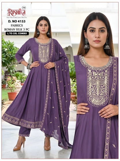 Dno 4153 To 4160 Rushika Roman Silk Readymade Anarkali Suits Wholesaler