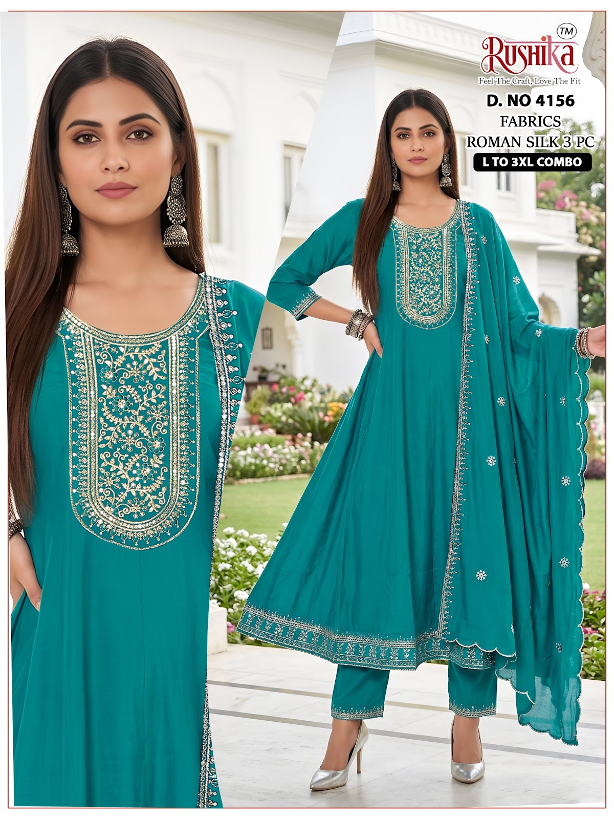 Dno 4153 To 4160 Rushika Roman Silk Readymade Anarkali Suits Wholesaler