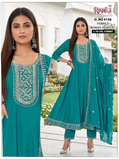 Dno 4153 To 4160 Rushika Roman Silk Readymade Anarkali Suits Wholesaler