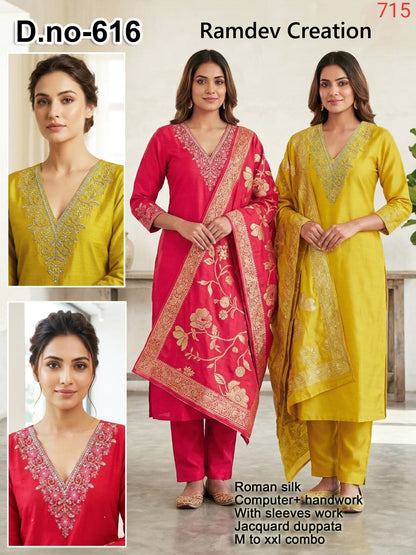 Dno 616-618 Ramdev Creation Roman Silk Readymade Pant Style Suits Wholesaler India