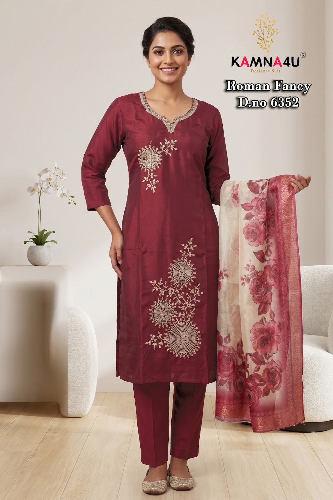 Dno 6351-6359 Kamna4U Roman Readymade Pant Style Suits Wholesaler Ahmedabad
