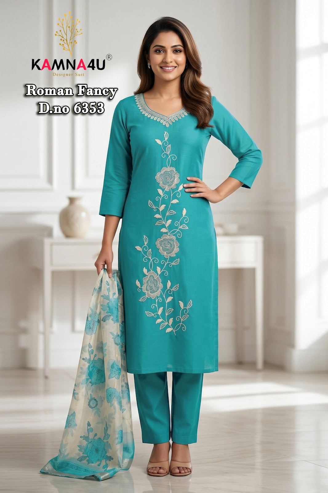 Dno 6351-6359 Kamna4U Roman Readymade Pant Style Suits Wholesaler Ahmedabad