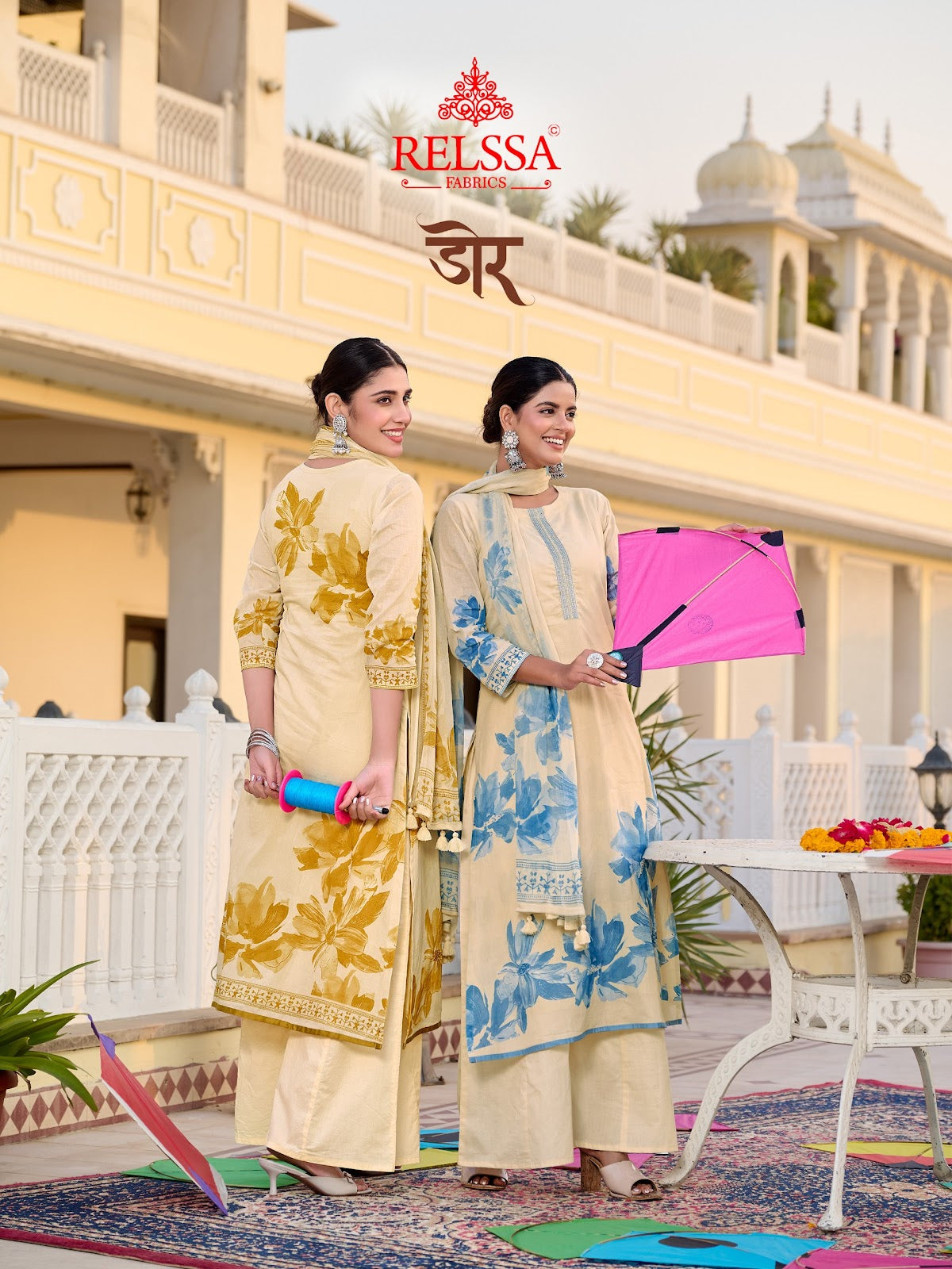 Door Relssa Fabrics Cotton Satin Plazzo Style Suits Supplier Gujarat