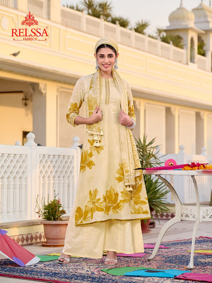 Door Relssa Fabrics Cotton Satin Plazzo Style Suits Supplier Gujarat