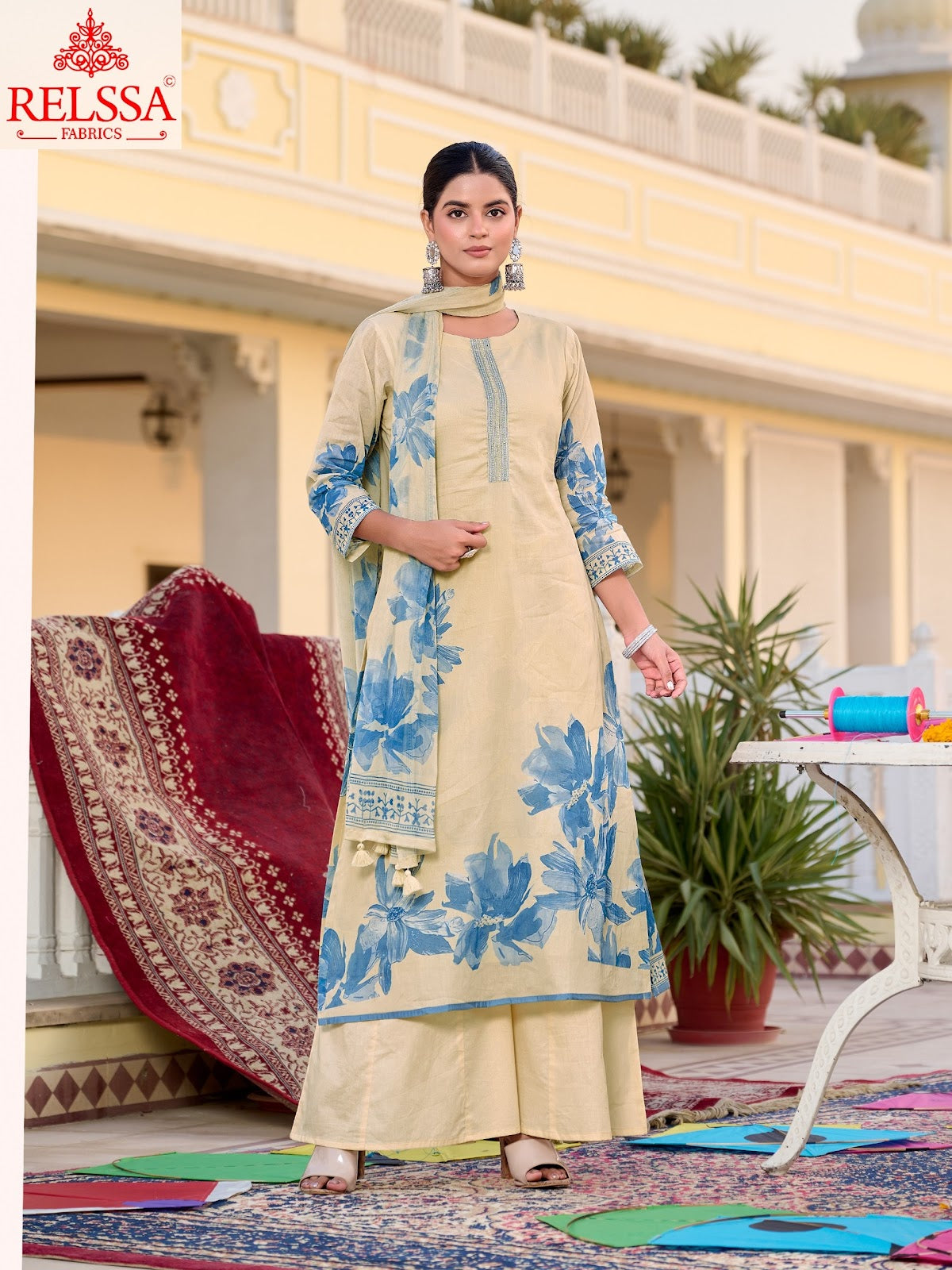 Door Relssa Fabrics Cotton Satin Plazzo Style Suits Supplier Gujarat