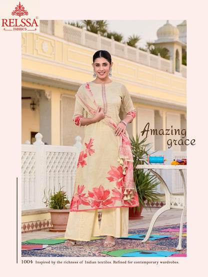Door Relssa Fabrics Cotton Satin Plazzo Style Suits Supplier Gujarat
