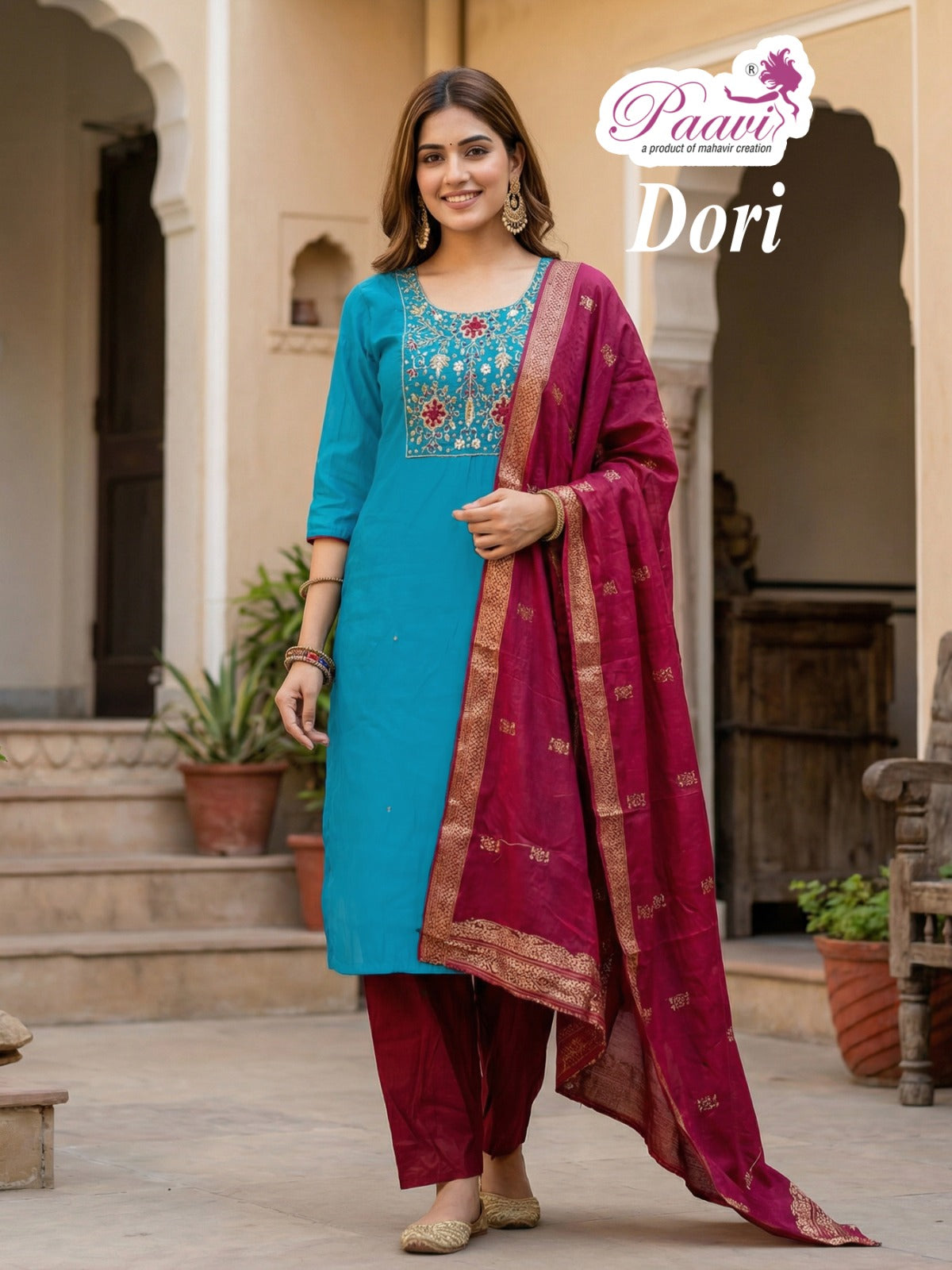 Dori Paavi Mal Chanderi Readymade Pant Style Suits Supplier Gujarat