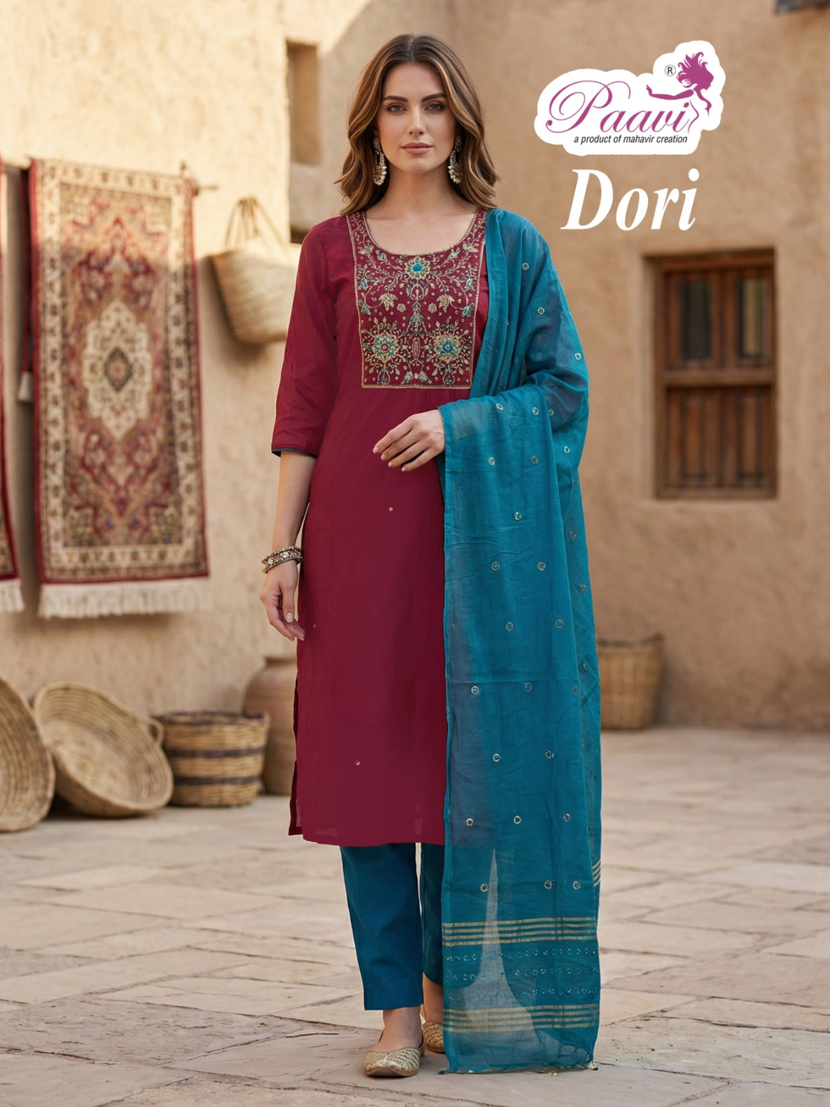 Dori Paavi Mal Chanderi Readymade Pant Style Suits Supplier Gujarat