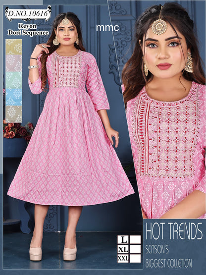 Dori Sequence 030225 Mmc Reyon Anarkali Kurtis Wholesaler India