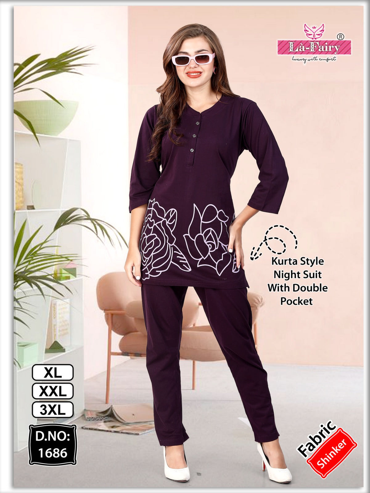 Double Pocket Design 1686 La Fairy Sinker Kurta Night Suits Wholesaler Ahmedabad