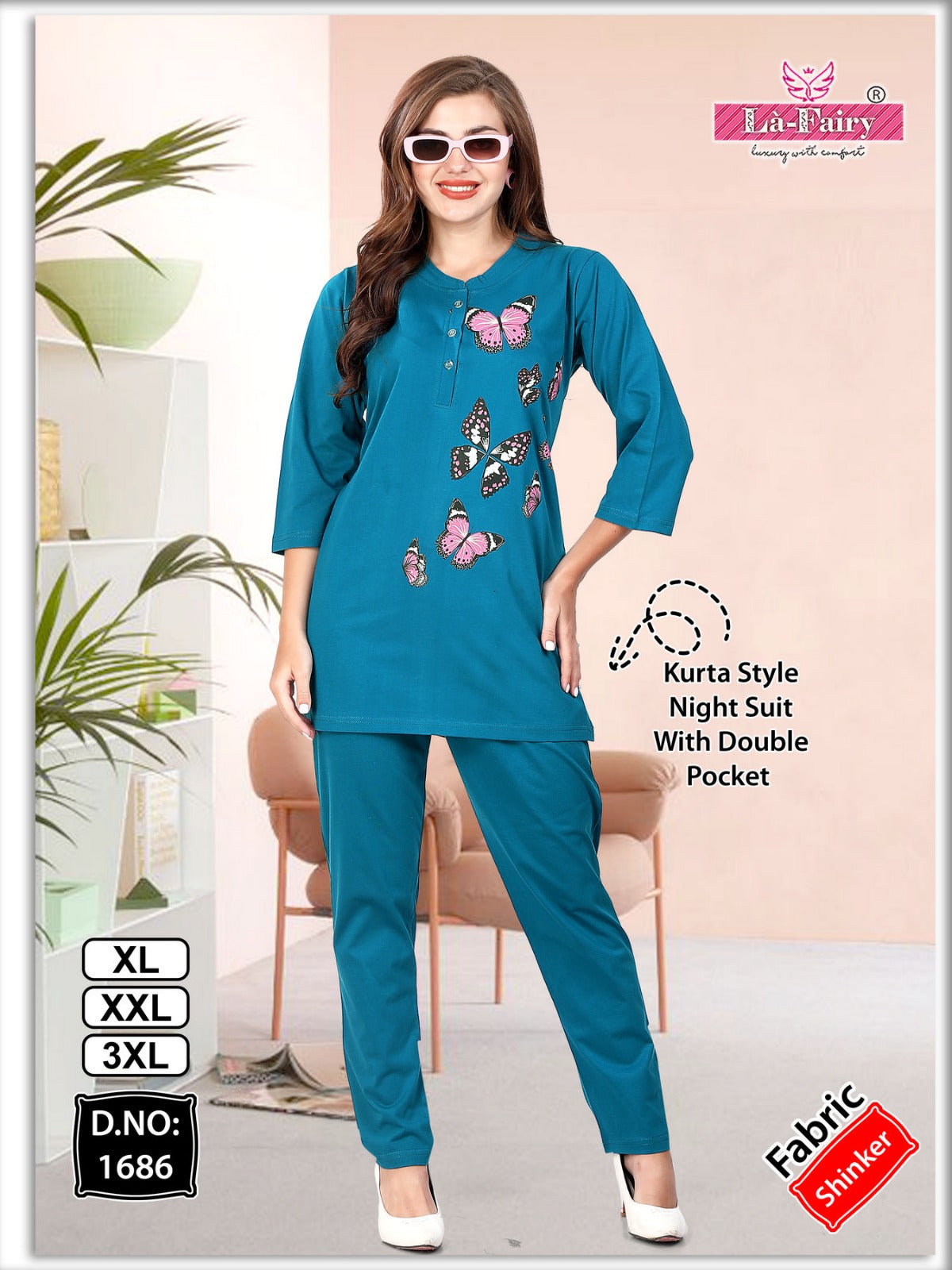 Double Pocket Design 1686 La Fairy Sinker Kurta Night Suits Wholesaler Ahmedabad