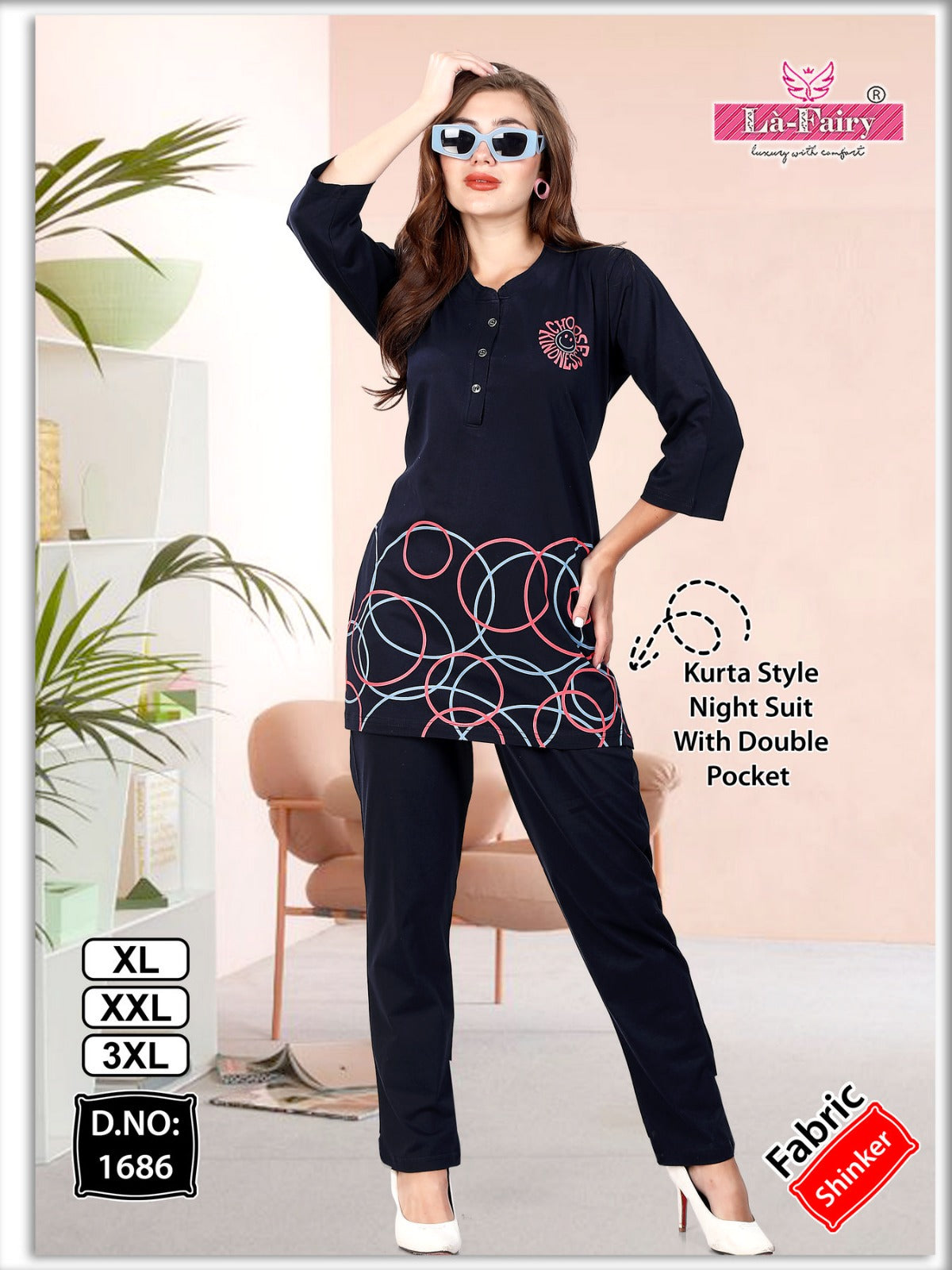 Double Pocket Design 1686 La Fairy Sinker Kurta Night Suits Wholesaler Ahmedabad