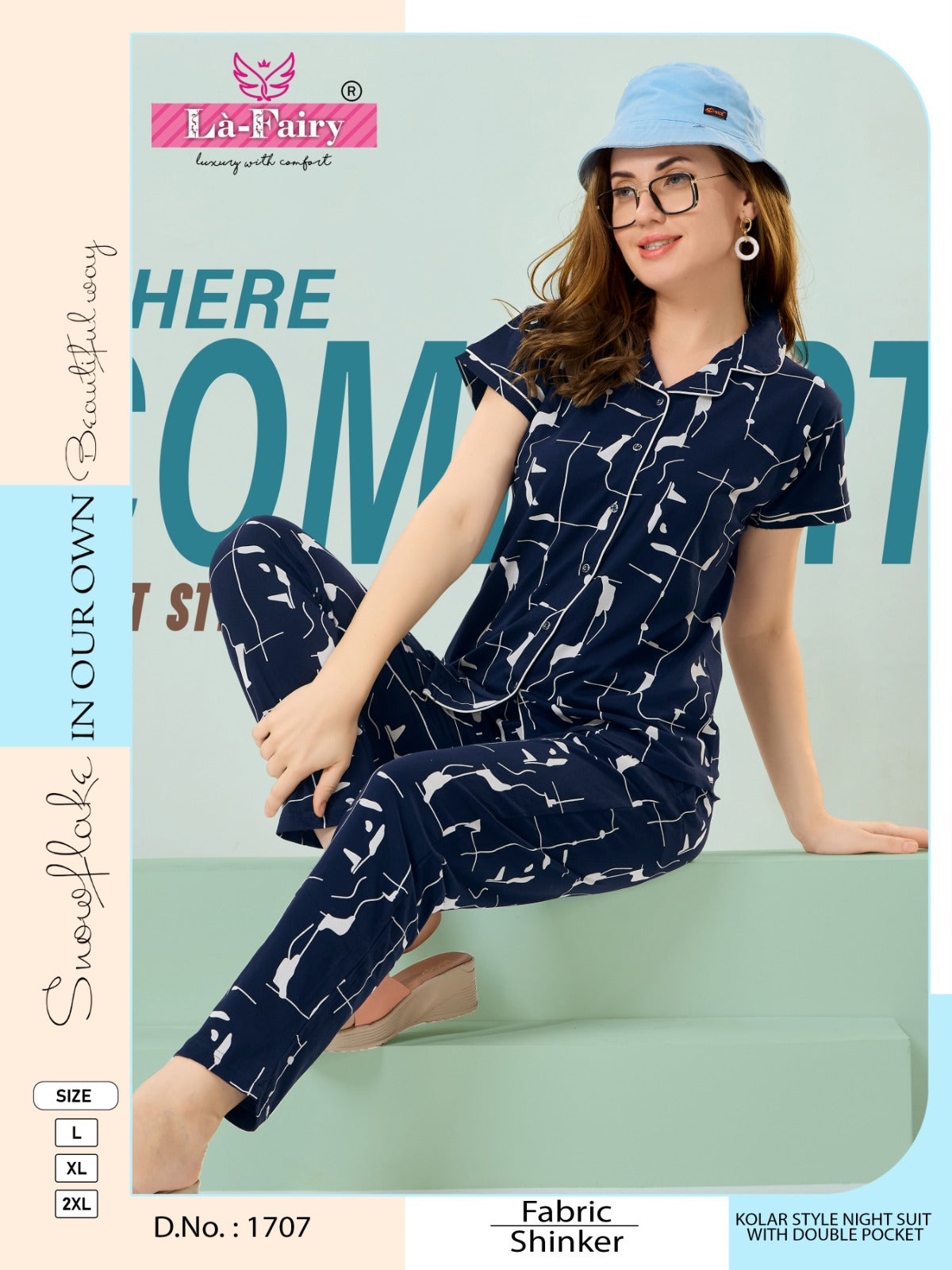 Double Pocket Design 1707 La Fairy Sincker Collar Night Suits Manufacturer Gujarat