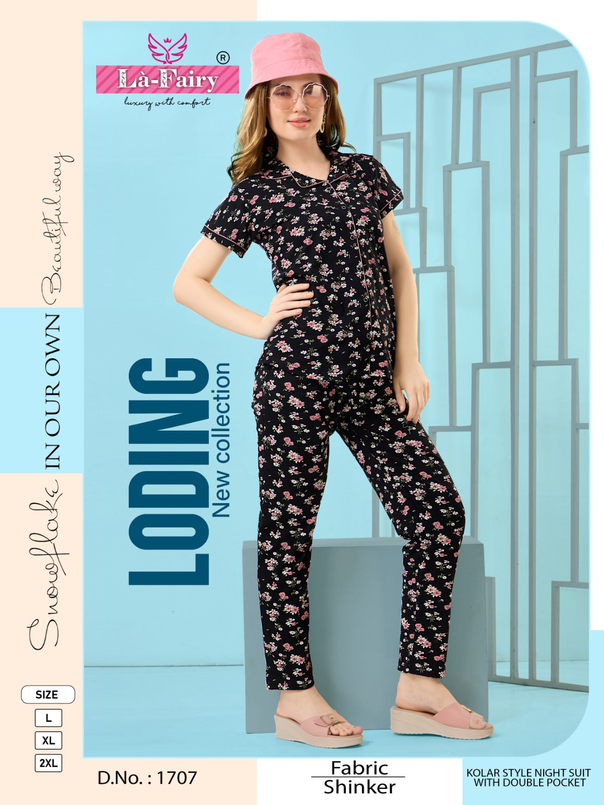 Double Pocket Design 1707 La Fairy Sincker Collar Night Suits Manufacturer Gujarat