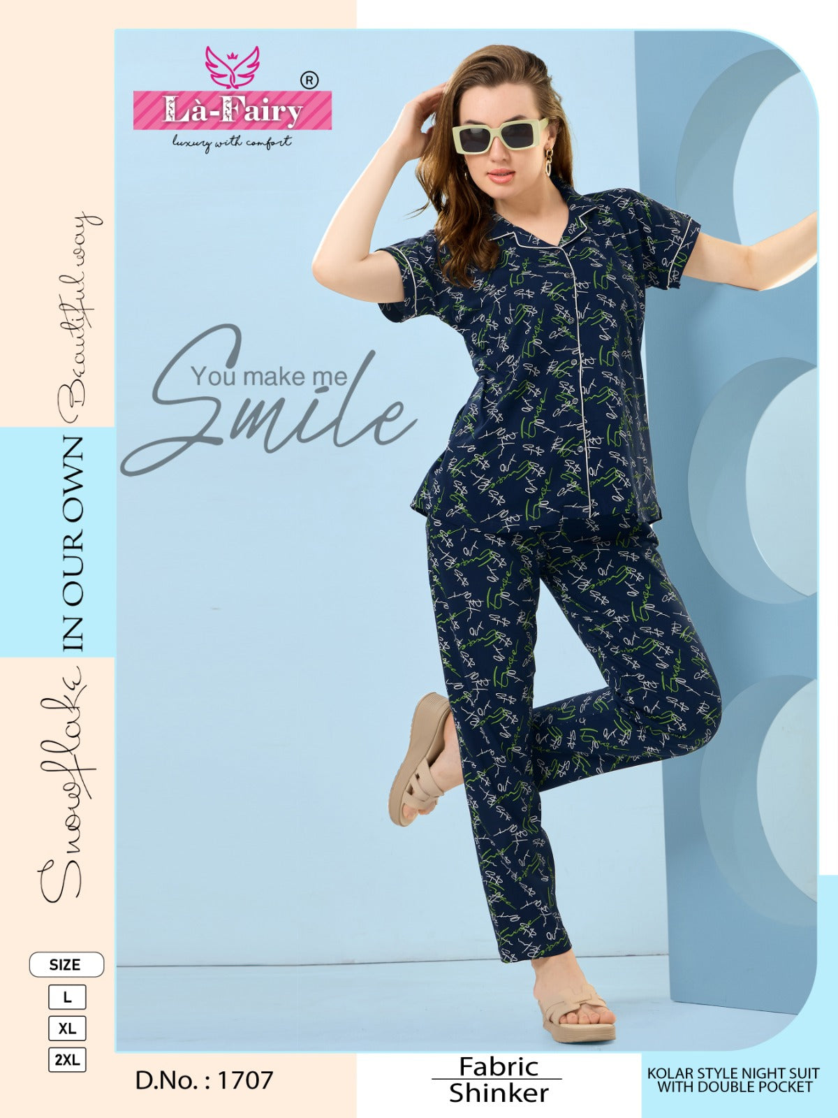 Double Pocket Design 1707 La Fairy Sincker Collar Night Suits Manufacturer Gujarat