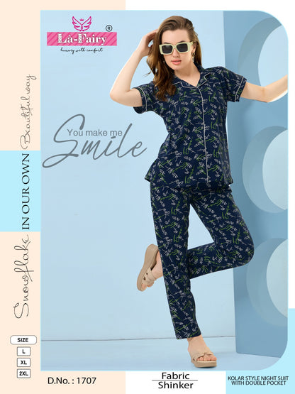 Double Pocket Design 1707 La Fairy Sincker Collar Night Suits Manufacturer Gujarat