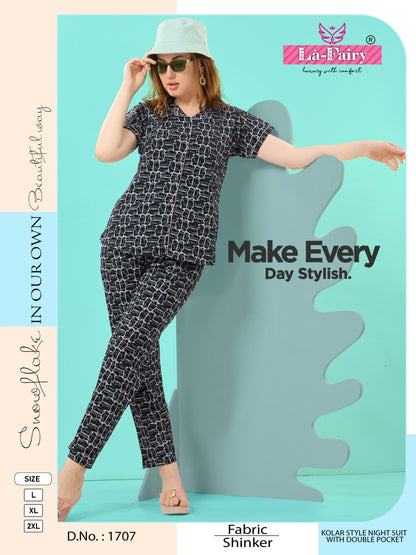 Double Pocket Design 1707 La Fairy Sincker Collar Night Suits Manufacturer Gujarat