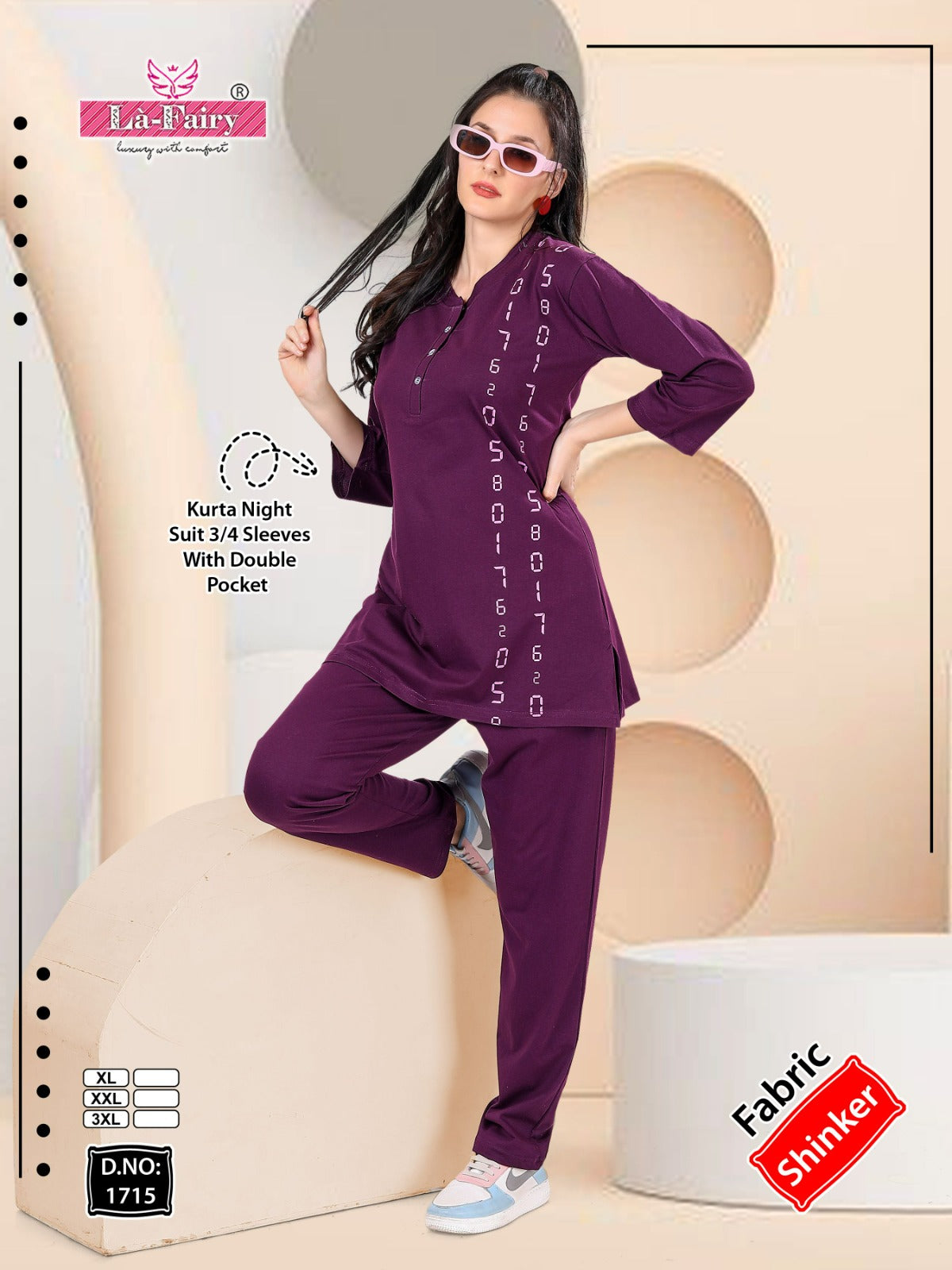 Double Pocket Design 1715 La Fairy Sinker Kurta Night Suits Wholesale Price