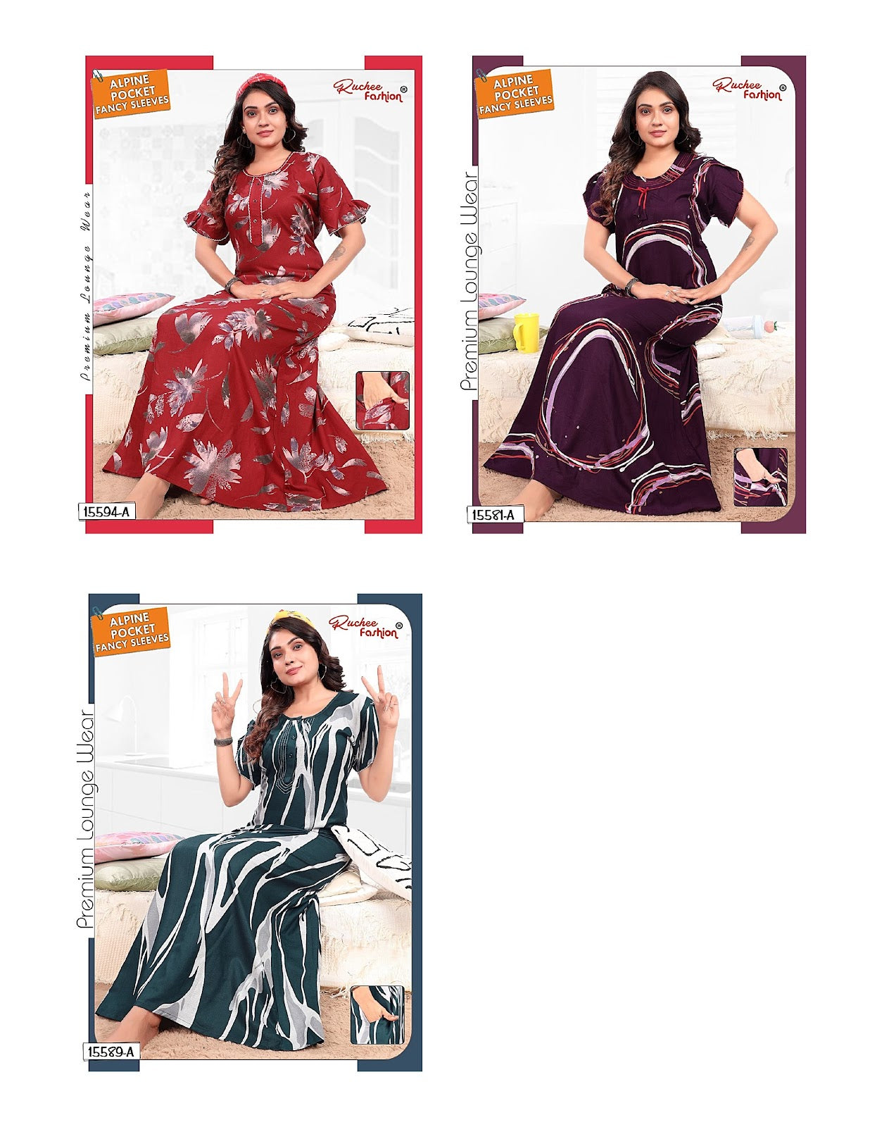 Double Sleeves 1809 Ruchee Fashion Alpine Night Gowns Wholesaler