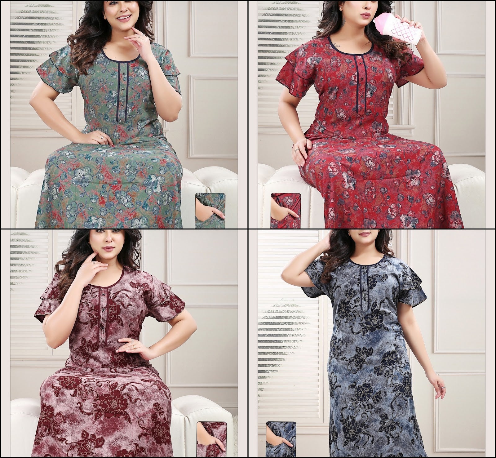 Double Sleeves Ruchee Fashion Alpine Night Gowns Exporter