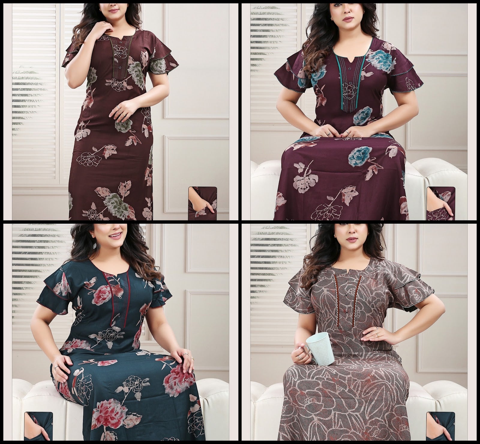 Double Sleeves Ruchee Fashion Alpine Night Gowns Exporter