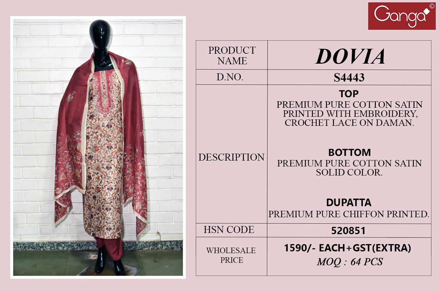 Dovia S4443 Ganga Cotton Satin Salwar Suits Supplier India