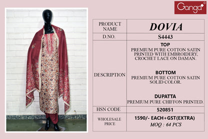 Dovia S4443 Ganga Cotton Satin Salwar Suits Supplier India