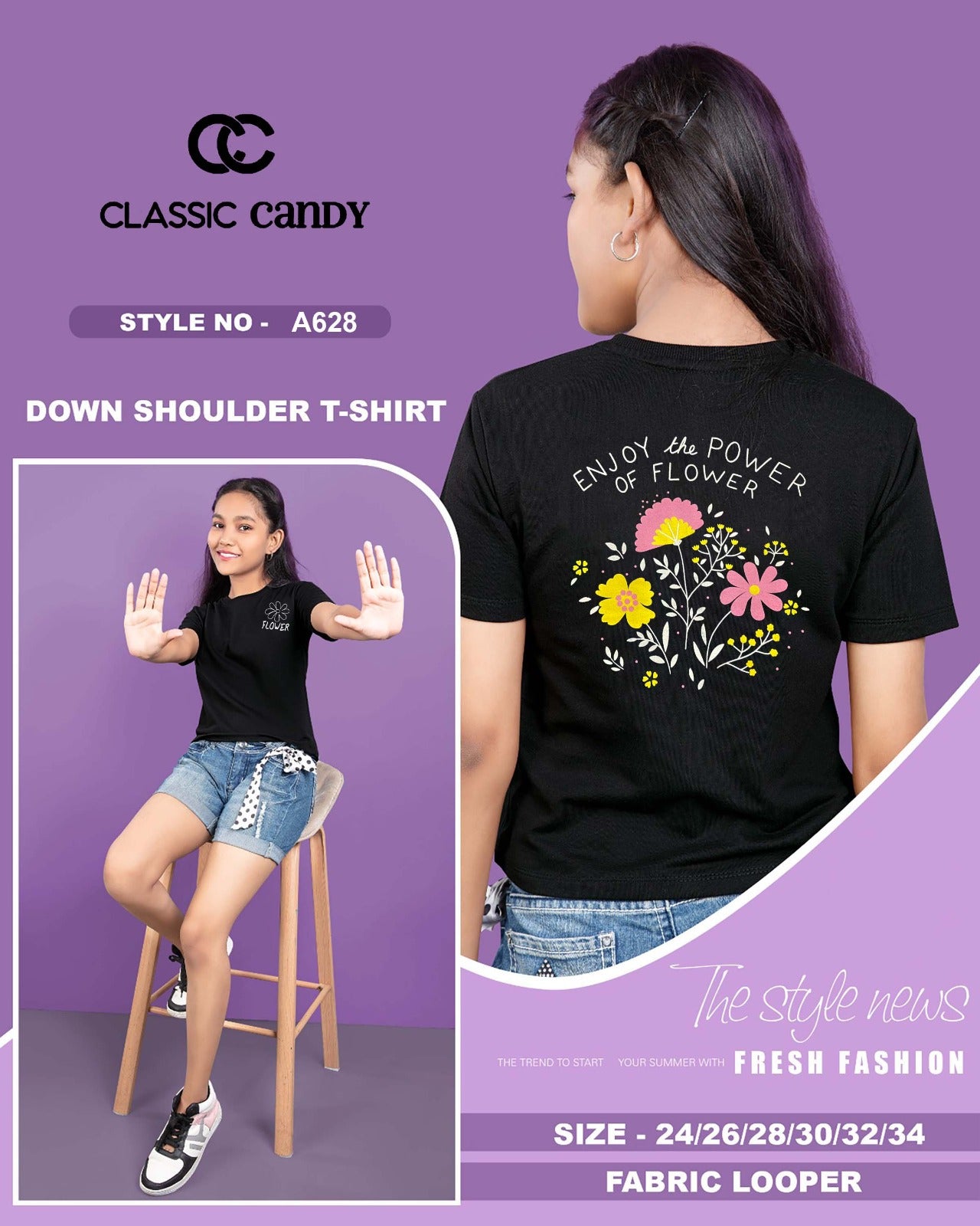 Down Shoulder A628 Classic Candy Looper Girls Tshirt Exporter Gujarat
