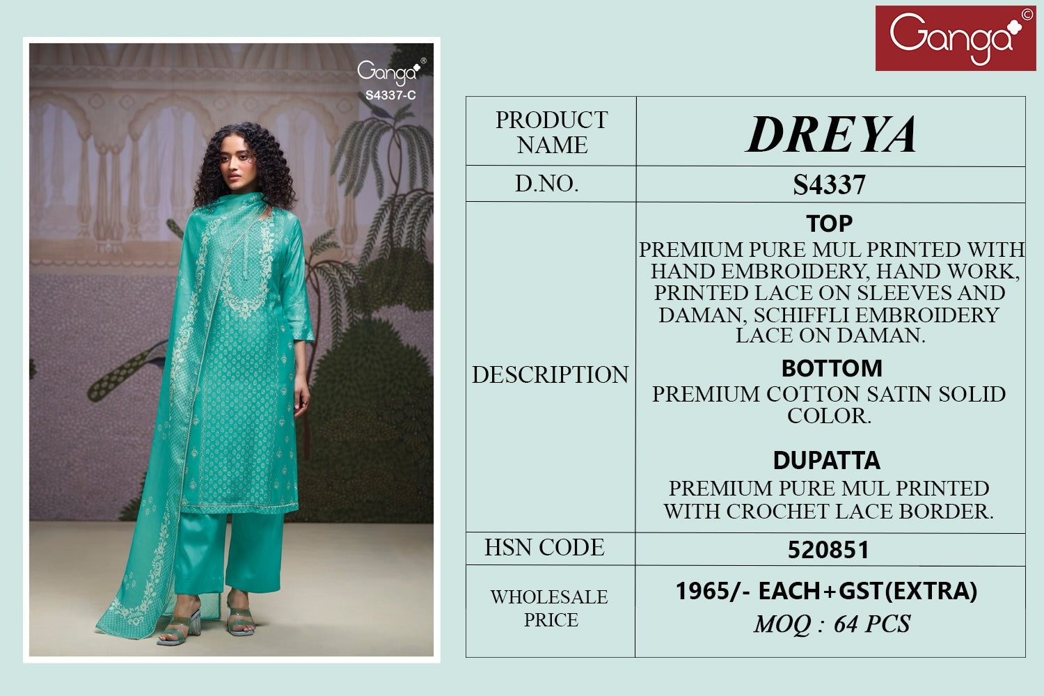 Dreya S4337 Ganga Mul Plazzo Style Suits Supplier India