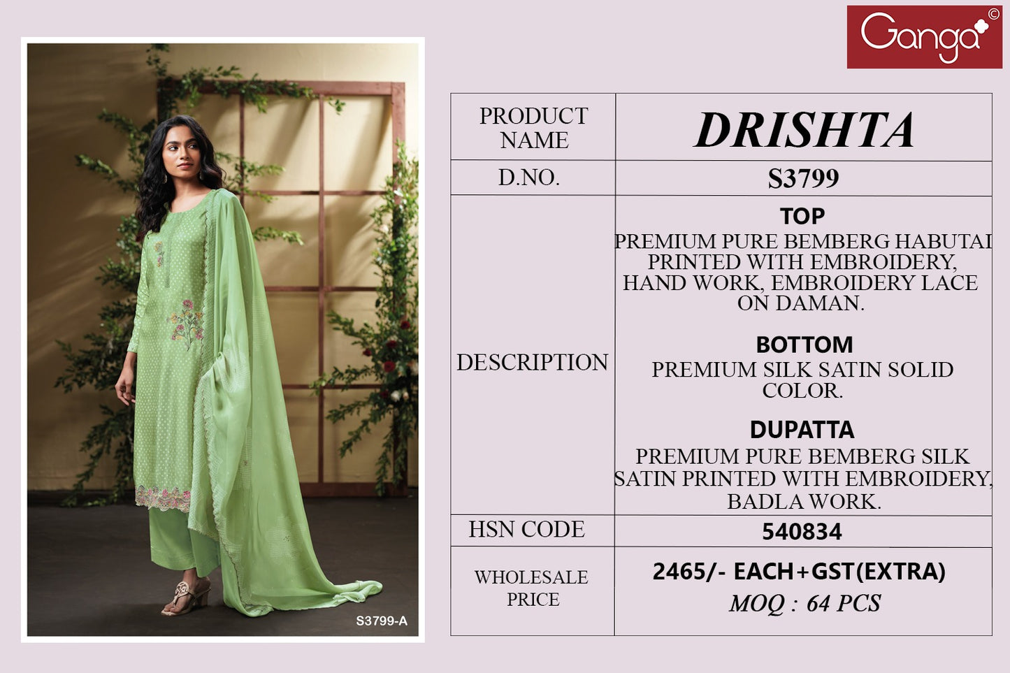 Drishta 3799 Ganga Premium Bemberg Plazzo Style Suits Manufacturer India