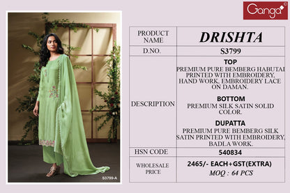 Drishta 3799 Ganga Premium Bemberg Plazzo Style Suits Manufacturer India
