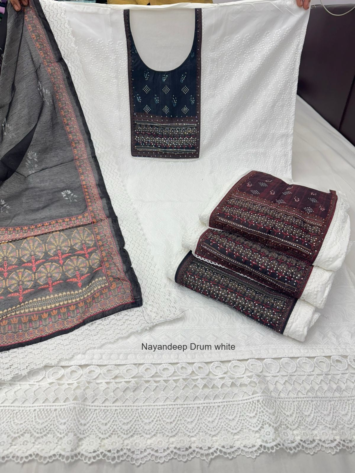 Drum White Nayandeep Cotton Dress Material Wholesaler India
