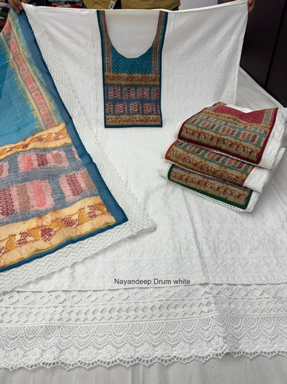 Drum White Nayandeep Cotton Dress Material Wholesaler India