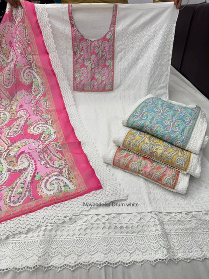Drum White Nayandeep Cotton Dress Material Wholesaler India