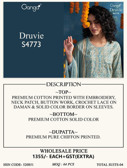 Druvie 4773 Ganga Cotton Plazzo Style Suits Exporter