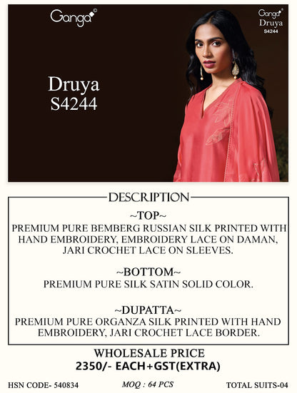 Druya S4244 Ganga Bemberg Pant Style Suits Wholesale Price