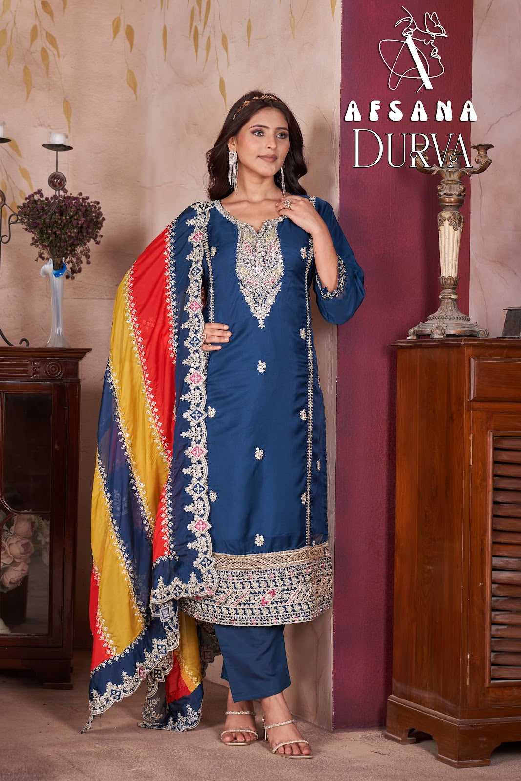 Durva Afsana Viscose Organza Readymade Pant Style Suits Supplier