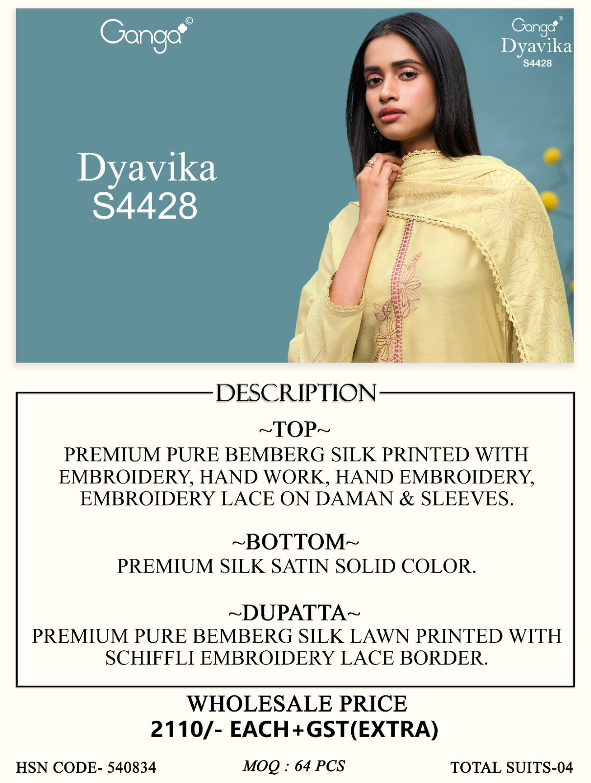 Dyavika S4428 Ganga Bemberg Silk Plazzo Style Suits Wholesale Rate
