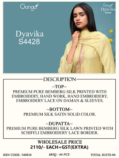 Dyavika S4428 Ganga Bemberg Silk Plazzo Style Suits Wholesale Rate
