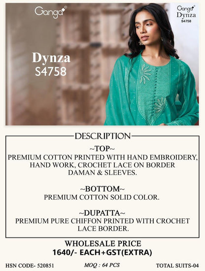 Dynza S4758 Ganga Cotton Plazzo Style Suits Wholesale Price